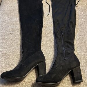 Black Faux Suede Over Knee-High Tie or Sloughy Boots 3” Block Heel SZ 8M